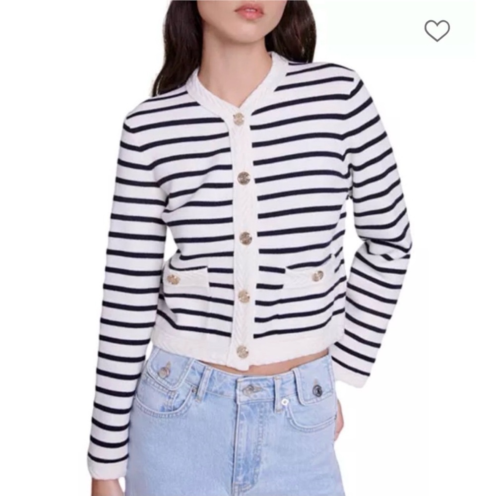 Maje Maracasse Preppy Old Money Woold Blend Striped White Cardigan 1 / Small